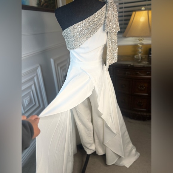 Gavin Jumpsuit With Satin Overskirt in Light Ivory, Silver & Diamond White - Picture 11 of 15